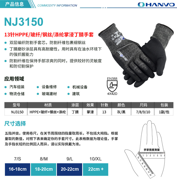 恒輝NJ3150耐磨5級(jí)加鋼絲防割手套圖片2