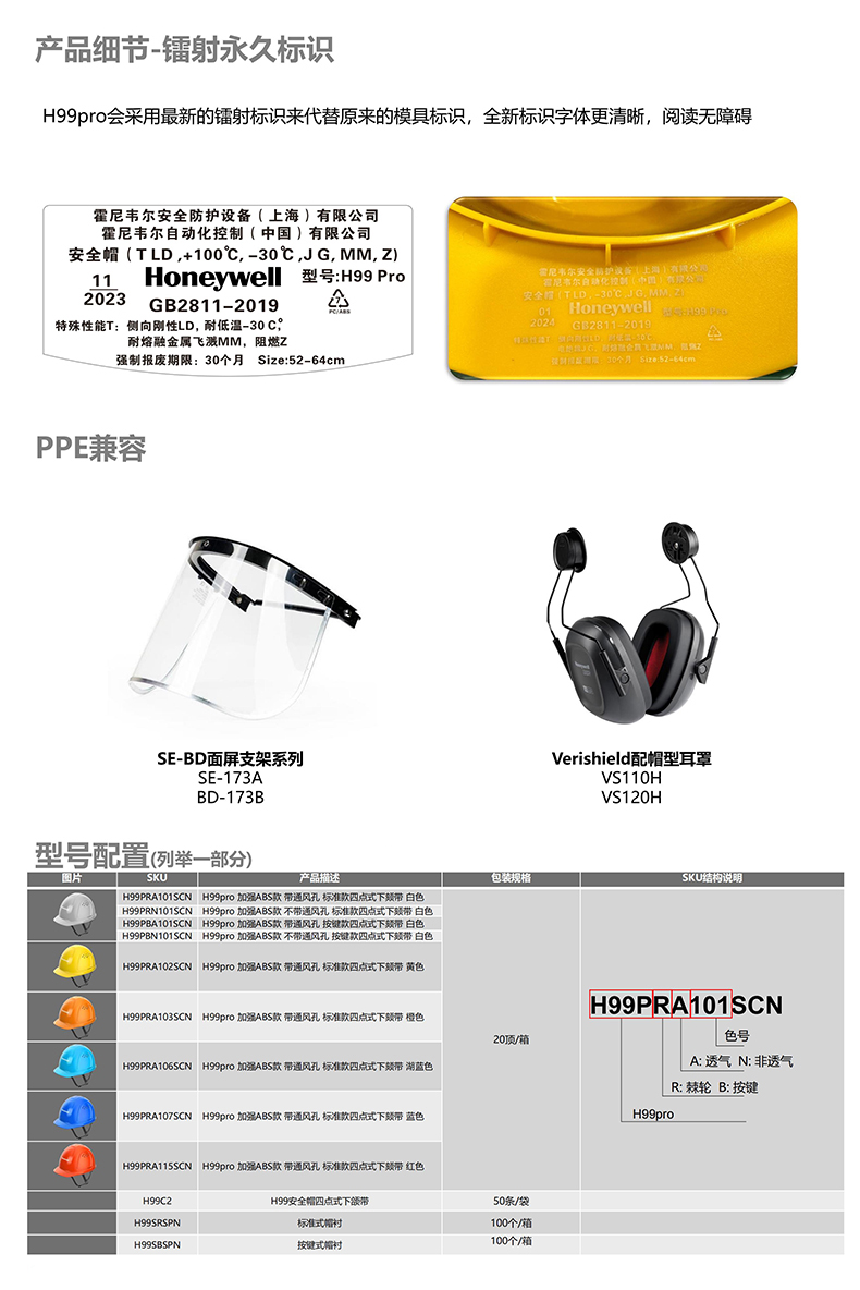 Honeywell霍尼韋爾H99PBN102SCN H99pro加強(qiáng)ABS款不帶通風(fēng)孔按鍵款黃色安全帽5